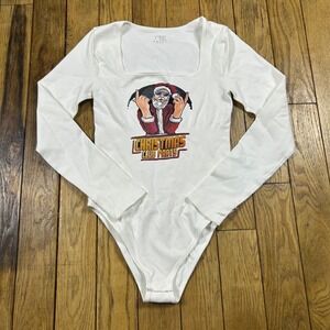 NEW Christmas‎ Club Party Graphic Bodysuit White Square Neck Long Sleeve Medium